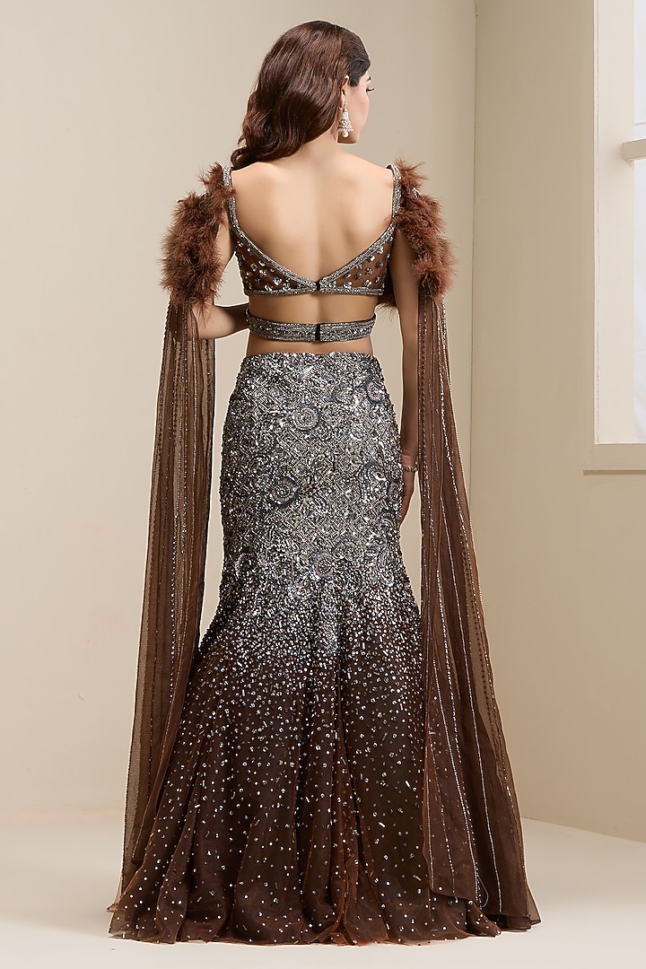 Brown Net Sequins Embellished Wedding Lehenga Set by Chaashni by Maansi and Ketan at Pernia's Pop Up Shop
