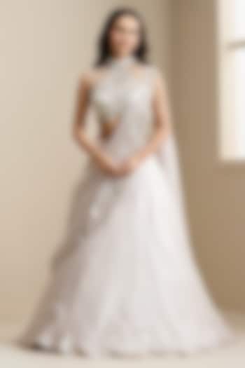 Ivory Net & Organza Draped Wedding Lehenga Set by Chaashni by Maansi and Ketan at Pernia's Pop Up Shop