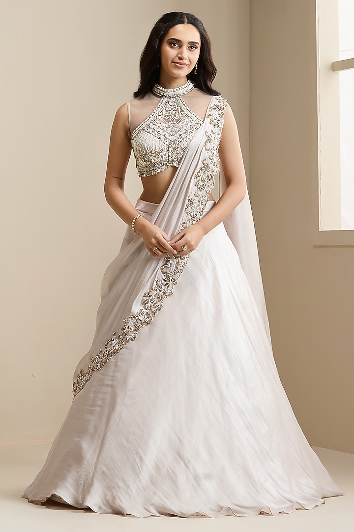 Ivory Net & Organza Draped Wedding Lehenga Set by Chaashni by Maansi and Ketan at Pernia's Pop Up Shop