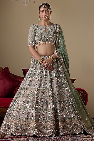 Green Net Zircon Embellished Lehenga Set by Chaashni by Maansi and Ketan