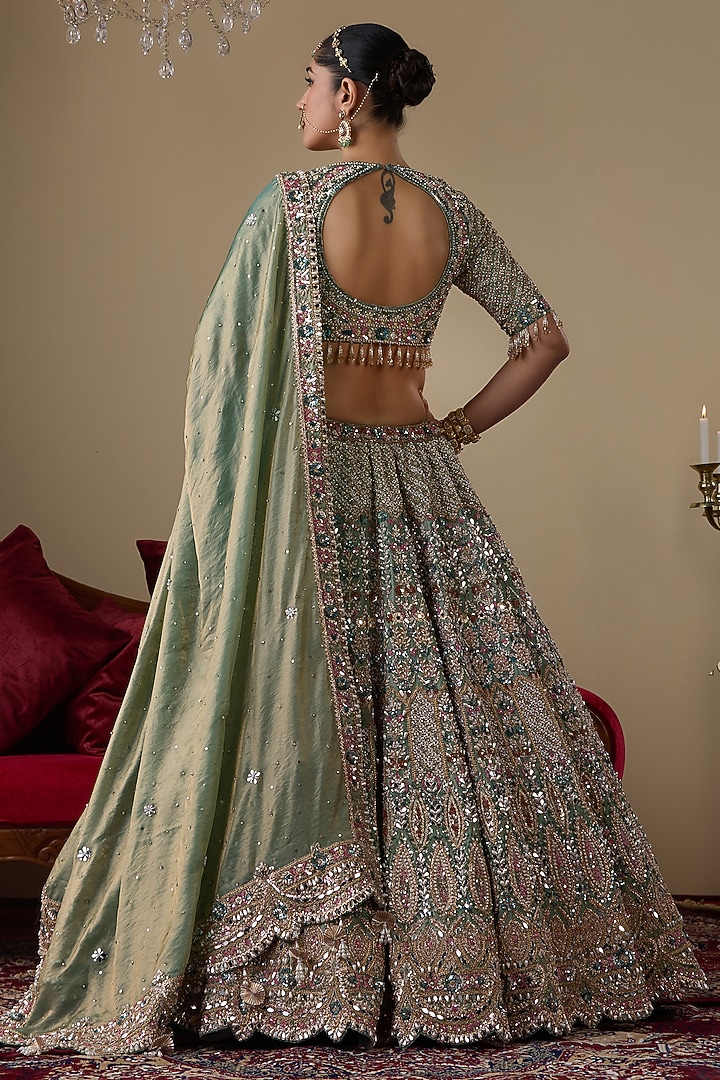 Green Net Zircon Embellished Bridal Lehenga Set by Chaashni by Maansi and Ketan at Pernia's Pop Up Shop