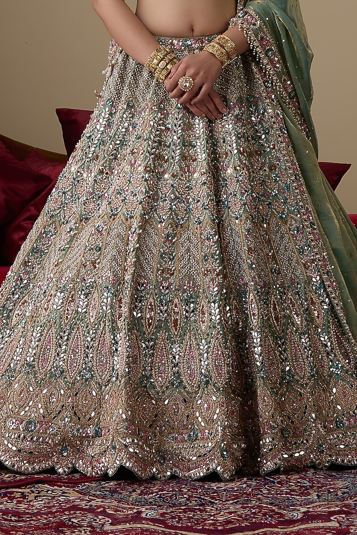 Green Net Zircon Embellished Bridal Lehenga Set by Chaashni by Maansi and Ketan at Pernia's Pop Up Shop