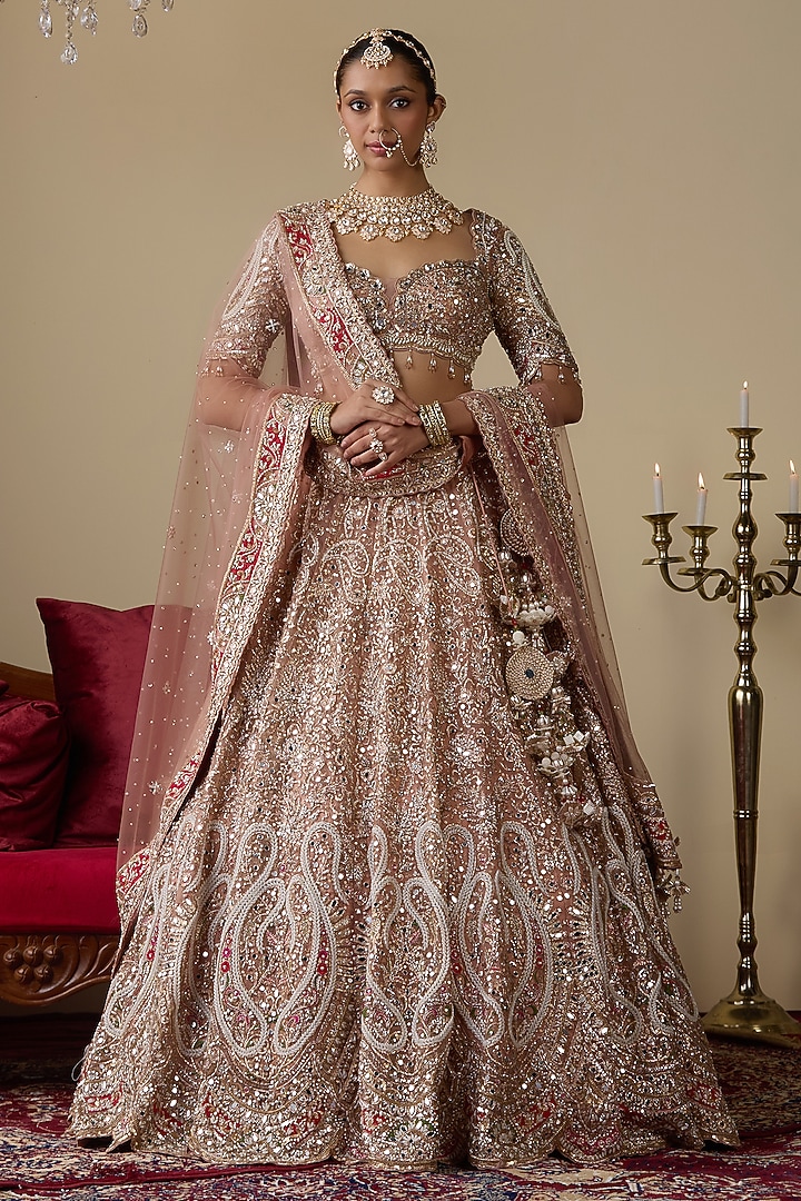 Pink Tissue Organza Dabka Embellished Bridal Lehenga Set by Chaashni by Maansi and Ketan at Pernia's Pop Up Shop
