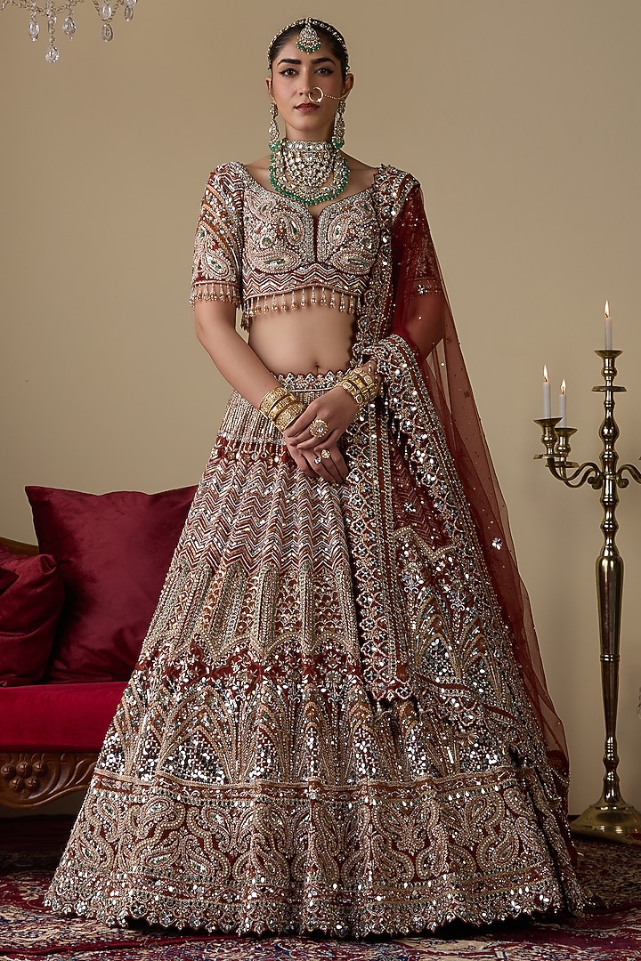 Rust Tissue Organza Dabka Embellished Bridal Lehenga Set by Chaashni by Maansi and Ketan at Pernia's Pop Up Shop