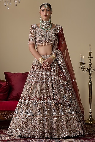 Rust Tissue Organza Dabka Embellished Lehenga Set by Chaashni by Maansi and Ketan