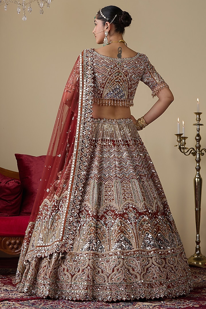 Rust Tissue Organza Dabka Embellished Bridal Lehenga Set by Chaashni by Maansi and Ketan at Pernia's Pop Up Shop
