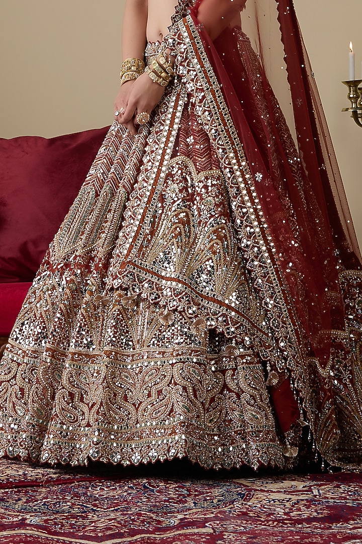 Rust Tissue Organza Dabka Embellished Bridal Lehenga Set by Chaashni by Maansi and Ketan at Pernia's Pop Up Shop