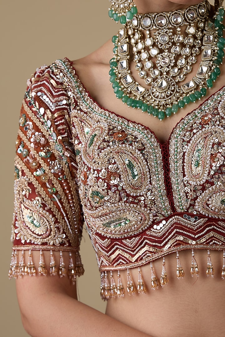 Rust Tissue Organza Dabka Embellished Bridal Lehenga Set by Chaashni by Maansi and Ketan at Pernia's Pop Up Shop