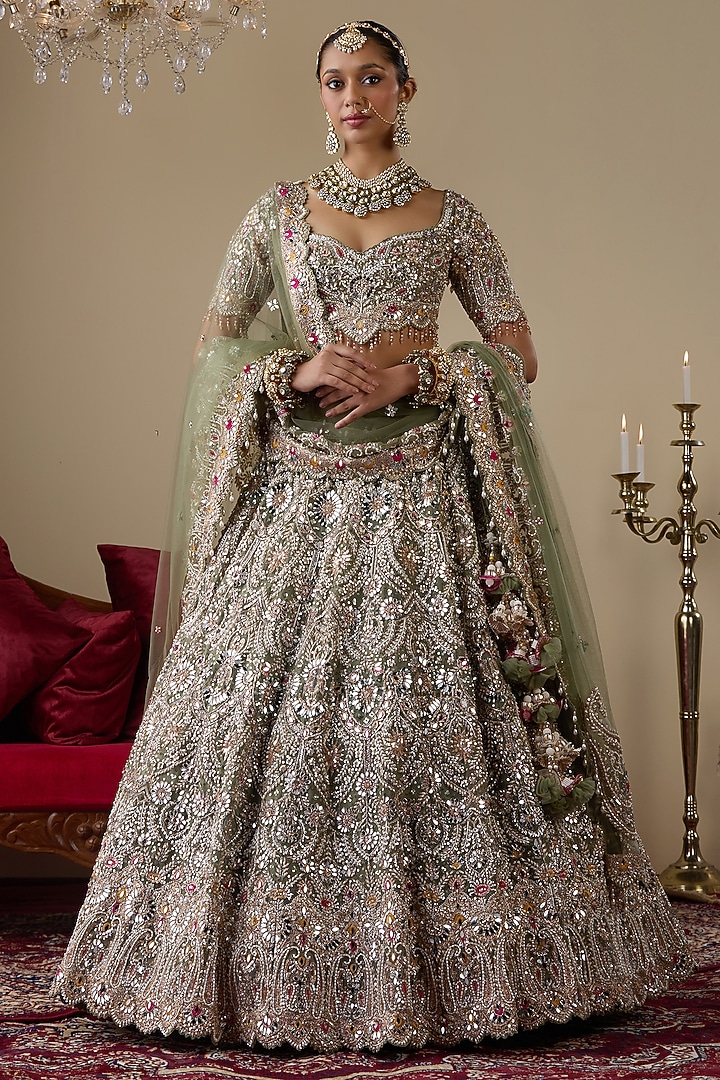 Green Tissue Organza Dabka Embellished Bridal Lehenga Set by Chaashni by Maansi and Ketan at Pernia's Pop Up Shop