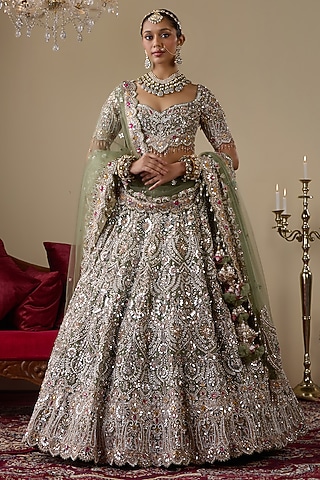 Green Tissue Organza Dabka Embellished Lehenga Set by Chaashni by Maansi and Ketan