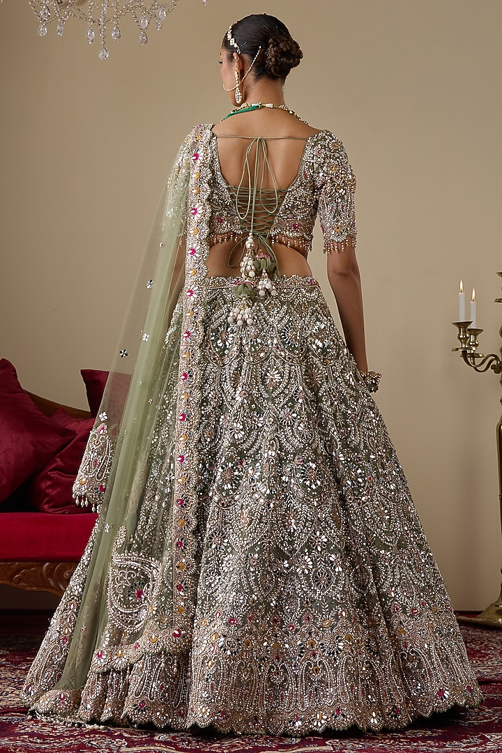 Green Tissue Organza Dabka Embellished Bridal Lehenga Set by Chaashni by Maansi and Ketan at Pernia's Pop Up Shop