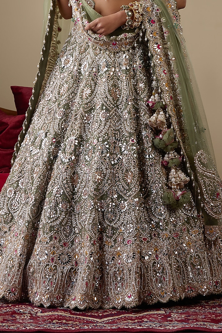 Green Tissue Organza Dabka Embellished Bridal Lehenga Set by Chaashni by Maansi and Ketan at Pernia's Pop Up Shop