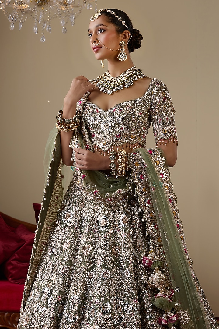 Green Tissue Organza Dabka Embellished Bridal Lehenga Set by Chaashni by Maansi and Ketan at Pernia's Pop Up Shop