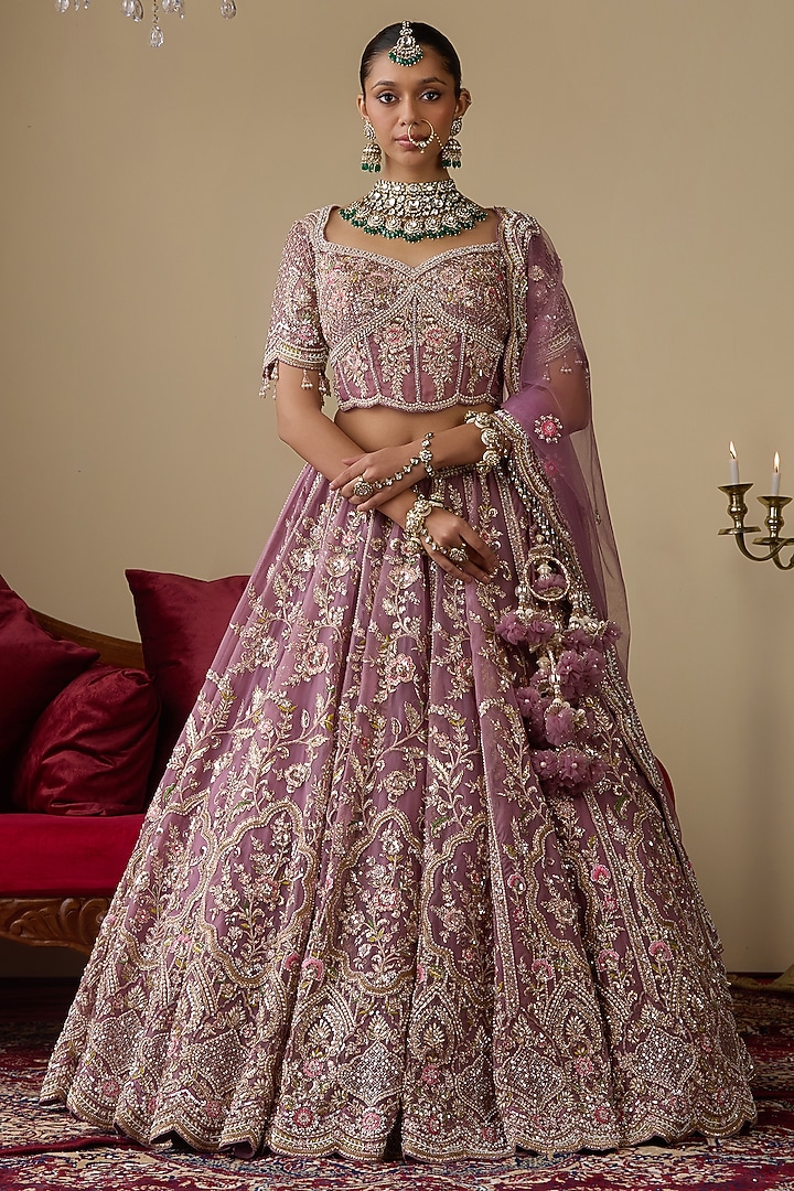 Lavender Tissue Organza Dabka Embellished Bridal Lehenga Set by Chaashni by Maansi and Ketan at Pernia's Pop Up Shop