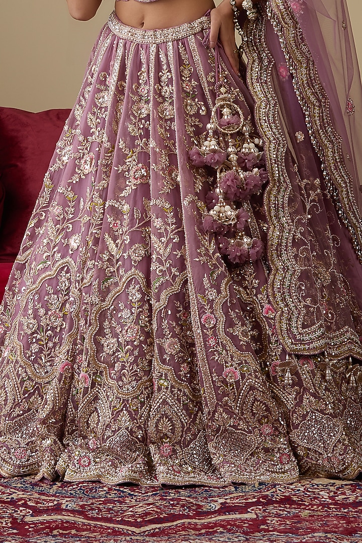 Lavender Tissue Organza Dabka Embellished Bridal Lehenga Set by Chaashni by Maansi and Ketan at Pernia's Pop Up Shop