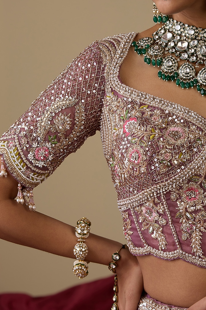 Lavender Tissue Organza Dabka Embellished Bridal Lehenga Set by Chaashni by Maansi and Ketan at Pernia's Pop Up Shop
