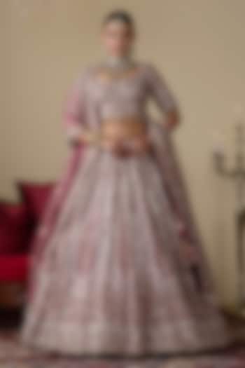 Dark Lavender Tissue Organza Dabka Embellished Bridal Lehenga Set by Chaashni by Maansi and Ketan at Pernia's Pop Up Shop