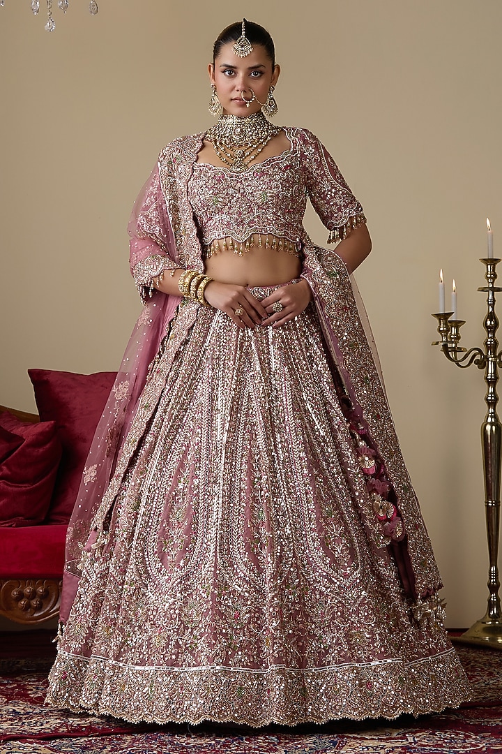 Dark Lavender Tissue Organza Dabka Embellished Bridal Lehenga Set by Chaashni by Maansi and Ketan at Pernia's Pop Up Shop