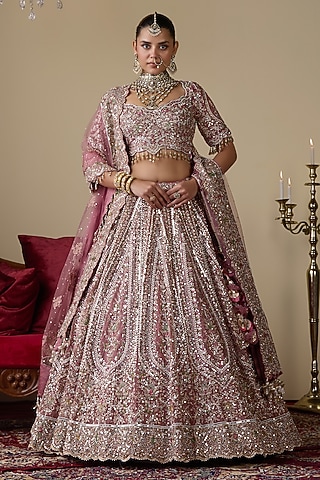 Dark Lavender Tissue Organza Dabka Embellished Lehenga Set by Chaashni by Maansi and Ketan