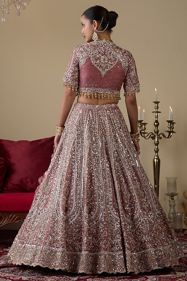 Dark Lavender Tissue Organza Dabka Embellished Bridal Lehenga Set by Chaashni by Maansi and Ketan at Pernia's Pop Up Shop