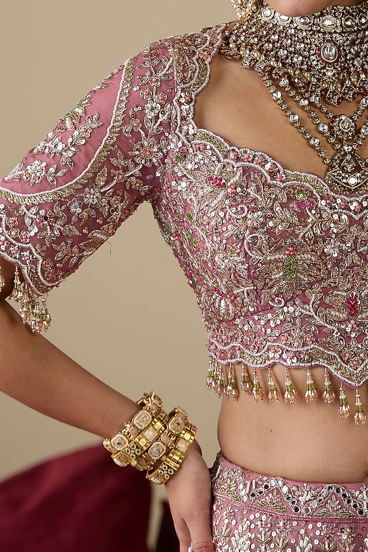 Dark Lavender Tissue Organza Dabka Embellished Bridal Lehenga Set by Chaashni by Maansi and Ketan at Pernia's Pop Up Shop