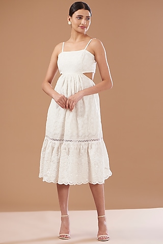 Ivory Cotton Tiered Dress by CHITRASHI JAIPUR