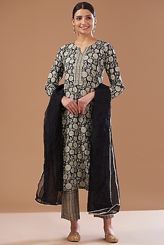 Black Cotton Hand Block Printed Kurta Set by CHITRASHI JAIPUR