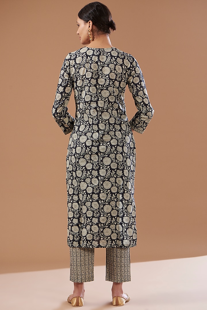 Black Cotton Hand Block Printed Kurta Set by CHITRASHI JAIPUR at Pernia's Pop Up Shop