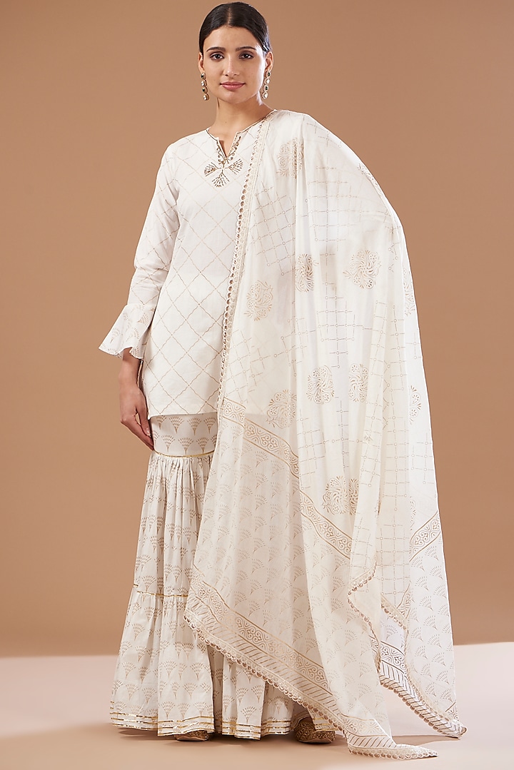 Ivory Cotton Sharara Set by CHITRASHI JAIPUR