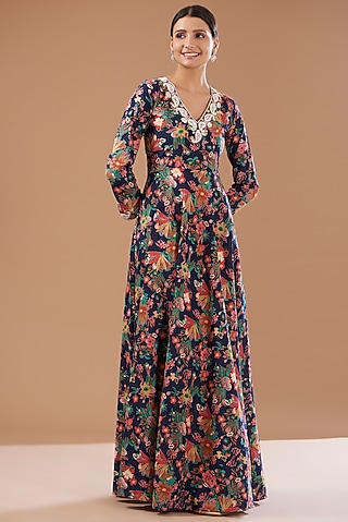 Dark Blue Cotton Printed & Embroidered Anarkali Set by CHITRASHI JAIPUR