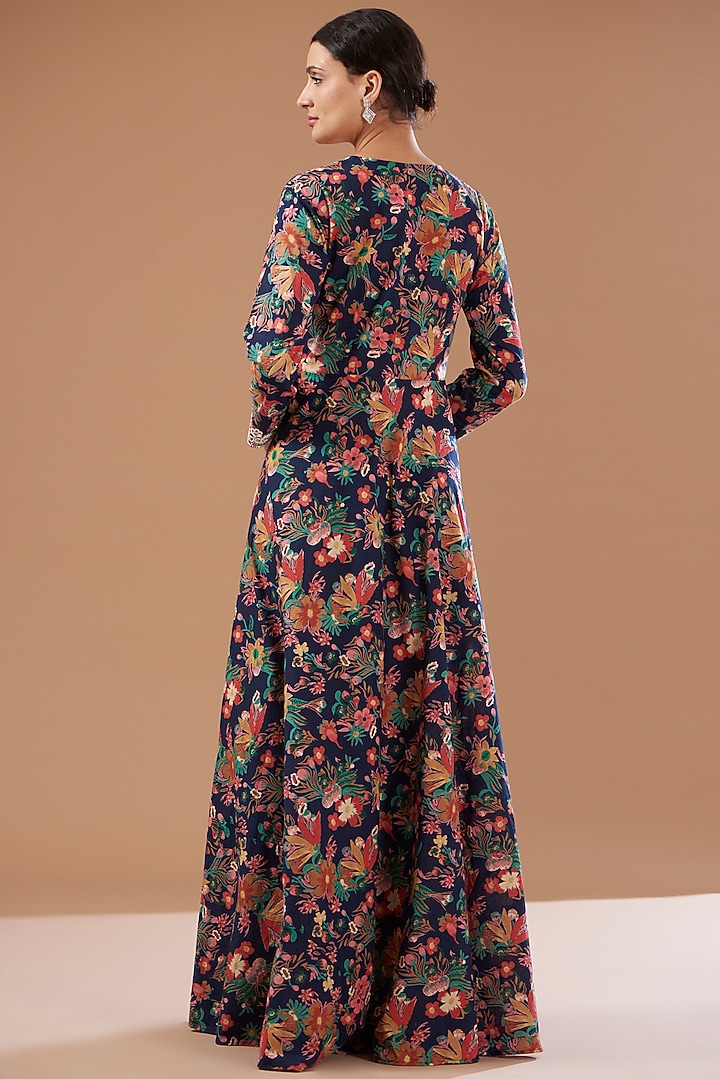 Dark Blue Cotton Printed & Embroidered Anarkali Set by CHITRASHI JAIPUR at Pernia's Pop Up Shop