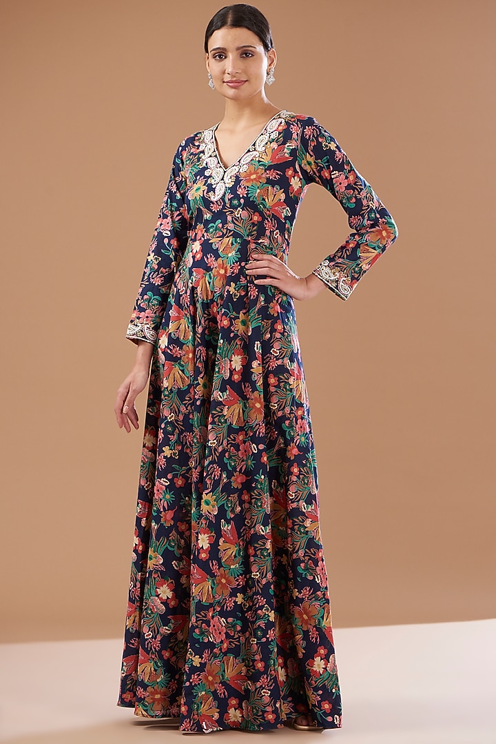 Dark Blue Cotton Printed & Embroidered Anarkali Set by CHITRASHI JAIPUR at Pernia's Pop Up Shop