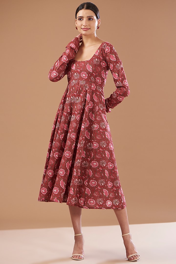 Maroon Cotton Hand Block Printed Dress by CHITRASHI JAIPUR