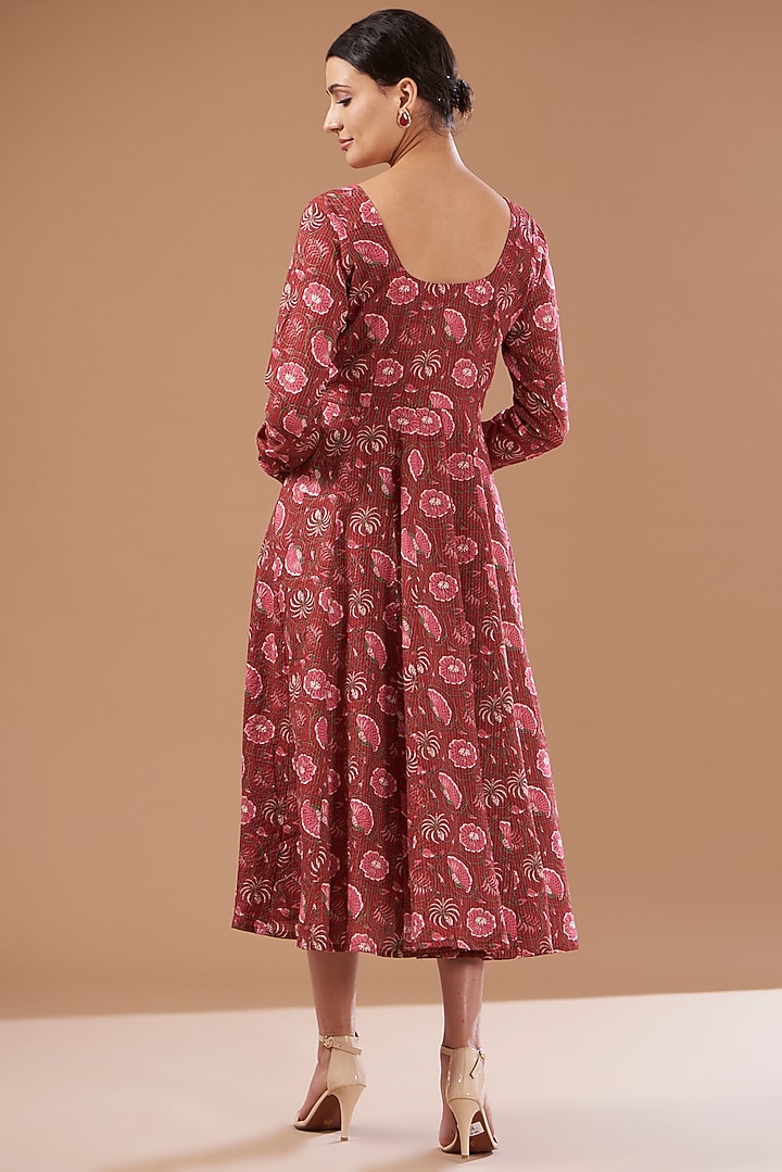Maroon Cotton Hand Block Printed Summer Dress by CHITRASHI JAIPUR at Pernia's Pop Up Shop