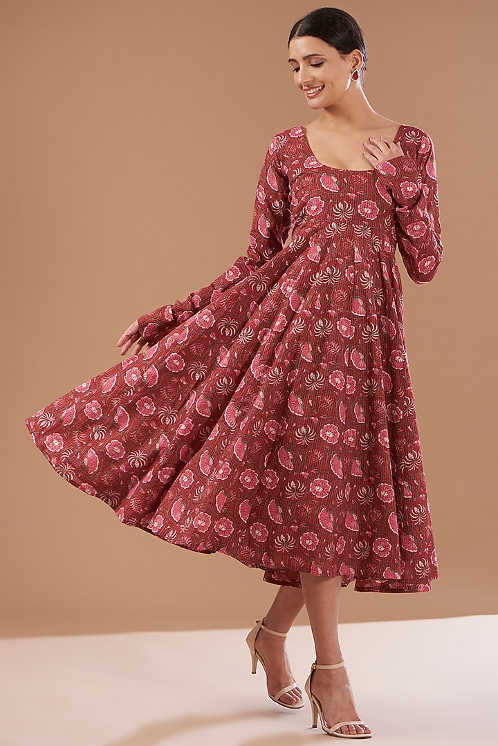 Maroon Cotton Hand Block Printed Summer Dress by CHITRASHI JAIPUR at Pernia's Pop Up Shop