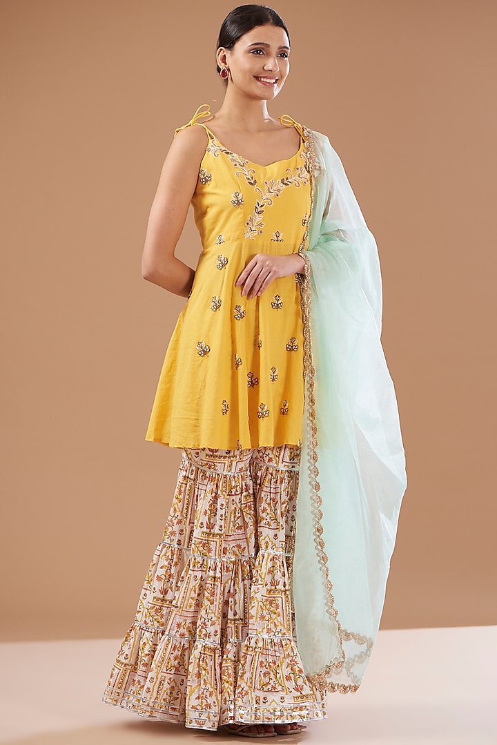 Yellow Embroidered Cotton Sharara Set by CHITRASHI JAIPUR