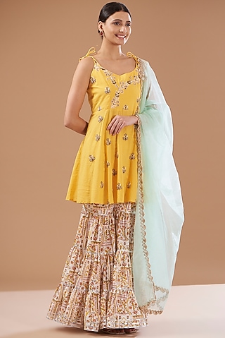 Yellow Embroidered Cotton Sharara Set by CHITRASHI JAIPUR