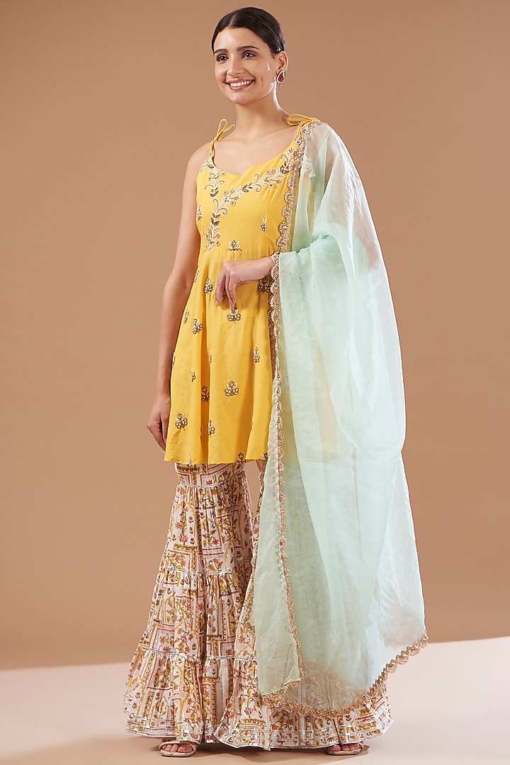 Yellow Embroidered Cotton Sharara Set by CHITRASHI JAIPUR at Pernia's Pop Up Shop