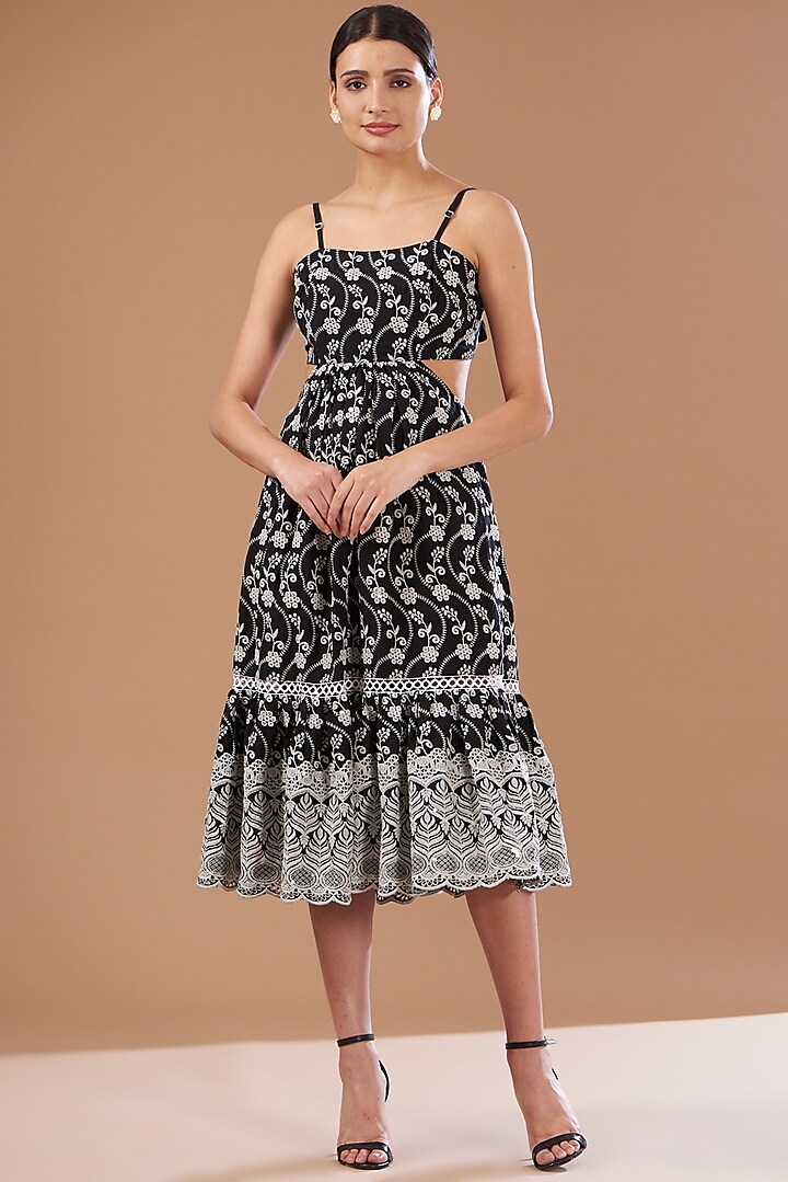 Black Cotton Tiered Spaghetti Dress by CHITRASHI JAIPUR