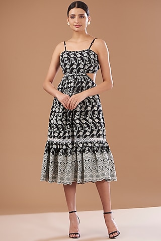 Black Cotton Tiered Spaghetti Dress by CHITRASHI JAIPUR
