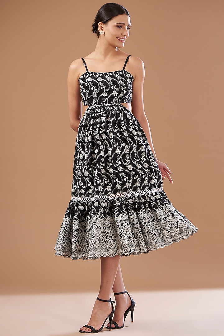 Black Cotton Tiered Spaghetti Summer Dress by CHITRASHI JAIPUR at Pernia's Pop Up Shop