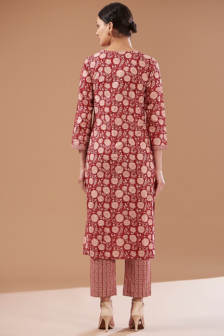 Maroon Cotton Hand Block Printed Kurta Set by CHITRASHI JAIPUR at Pernia's Pop Up Shop