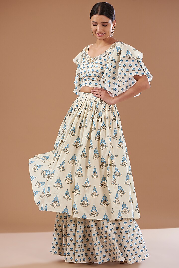 White & Blue Cotton Hand Block Printed Skirt Set by CHITRASHI JAIPUR