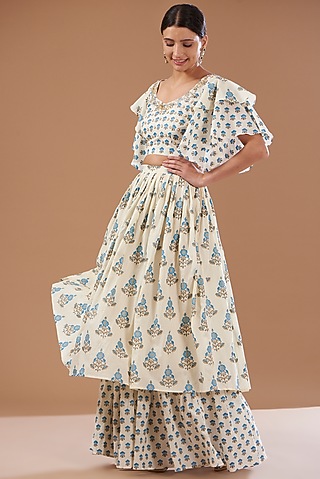 White & Blue Cotton Hand Block Printed Skirt Set by CHITRASHI JAIPUR