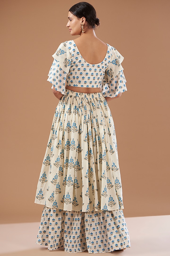 White & Blue Cotton Hand Block Printed Skirt Set by CHITRASHI JAIPUR at Pernia's Pop Up Shop