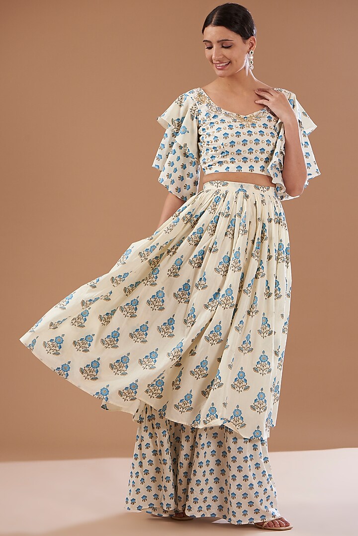 White & Blue Cotton Hand Block Printed Skirt Set by CHITRASHI JAIPUR at Pernia's Pop Up Shop