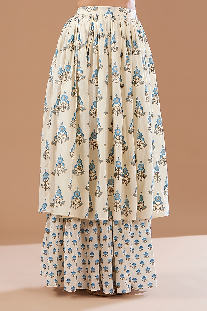 White & Blue Cotton Hand Block Printed Skirt Set by CHITRASHI JAIPUR at Pernia's Pop Up Shop