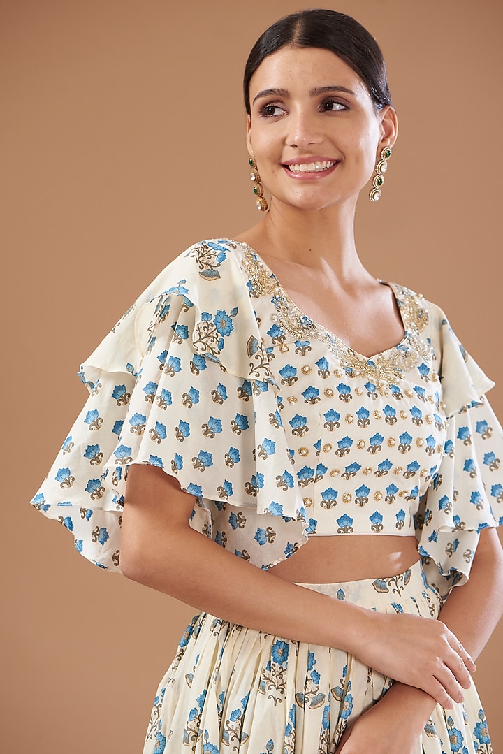 White & Blue Cotton Hand Block Printed Skirt Set by CHITRASHI JAIPUR at Pernia's Pop Up Shop