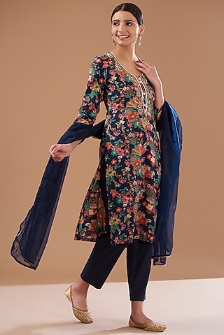 Dark Blue Cotton Embroidered Kurta Set by CHITRASHI JAIPUR