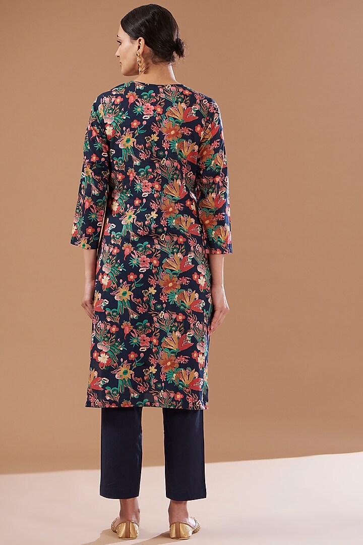 Dark Blue Cotton Embroidered Kurta Set by CHITRASHI JAIPUR at Pernia's Pop Up Shop